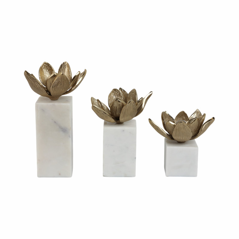 Sagebrook Home 3-Pieces Darby Flower Statuary With Marb, Gold/White
