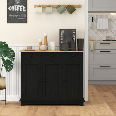 Buffet de comptoir en bois massif - 3 tiroirs, portes, tablette réglable noir vieilli pour un comptoir d'armoire de luxe, unité de rangement pratique pour la cuisine