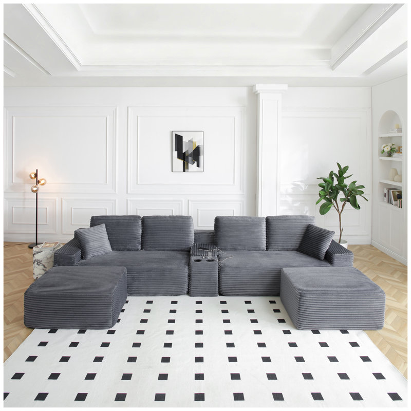 Canapé d'angle surdimensionné en forme de U avec porte-gobelets et ports USB, canapé modulable en velours côtelé gris avec assises profondes pour salon