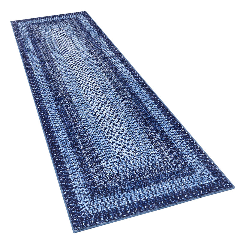 2x6 Runner Braided Rug, Washable Area Rug for Living Room, Vintage Accent Rug, Braided Print Carpet, Low Pile Non-Shedding Kitchen Rugs with Non Slip Backing, Aesthetic Foldable Navy Rug