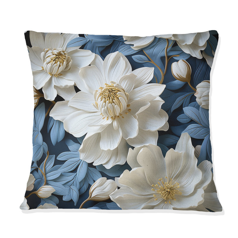 Coussin décoratif imprimé floral bleu et blanc VII, H 18 po x l 18 po