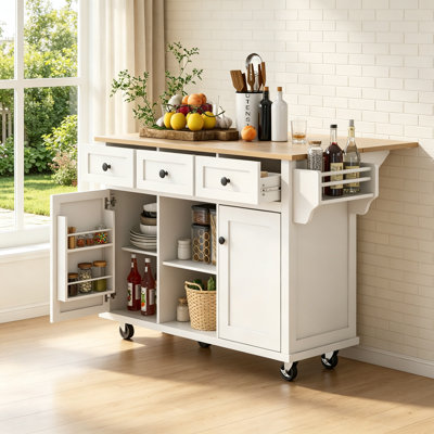 Chariot de cuisine avec comptoir à abattants en bois d'hévéa, porte-armoire et 5 roulettes pour faciliter le déplacement