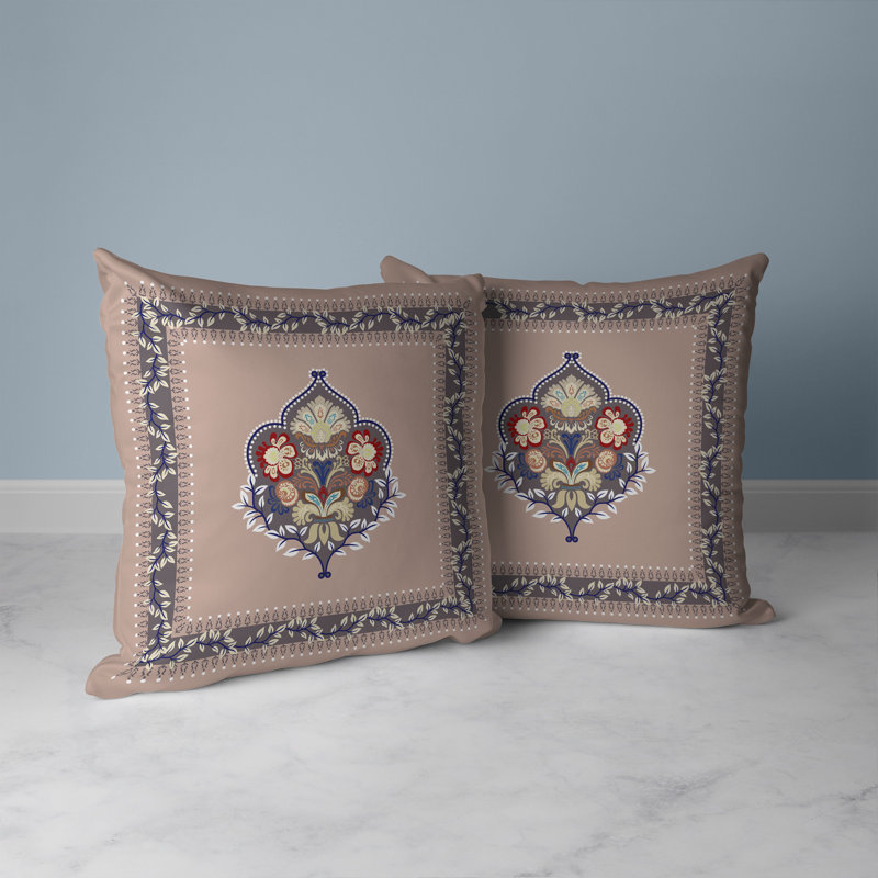 Coussin décoratif intérieur / extérieur Kashmir, H 18 po x l 18 po, Gris / Rose