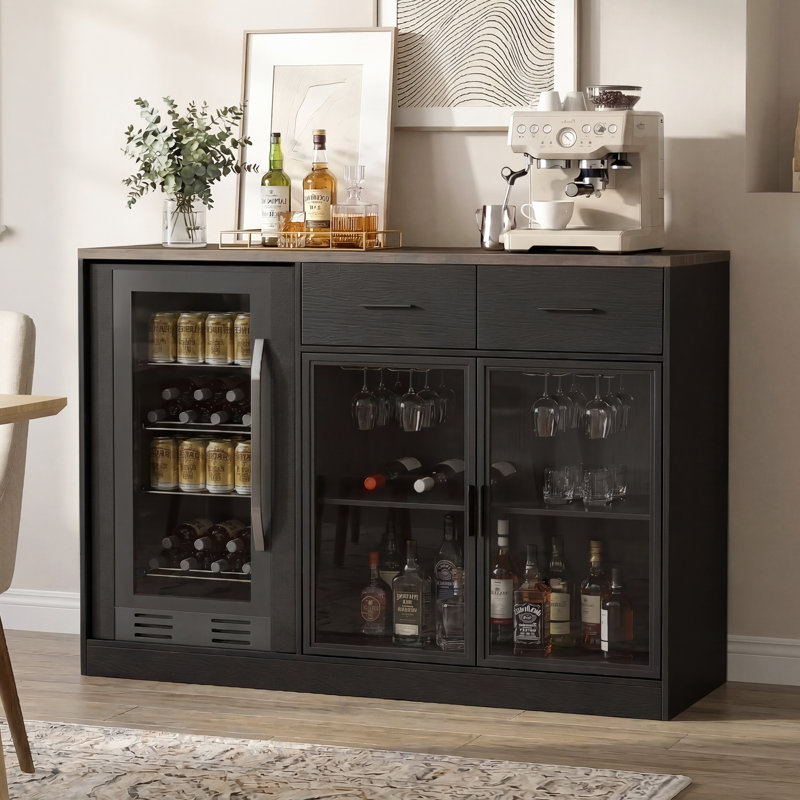 53.2" Wine Bar Cabinet with LED Lights & Power Outlets, Storage Buffet with Wine Glass Rack 