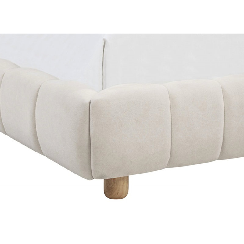 Grand lit tapissier crème en velours, mobilier de chambre moderne à profil bas avec rails latéraux et quincaillerie incluse