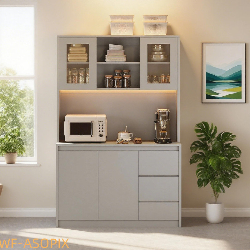 71" Tall Kitchen Pantry Cabinet with Adjustable Shelves, Microwave Space & Charging Station, Gray
