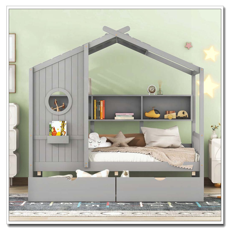 Lit double en bois avec 2 tiroirs, Gris, Lit double