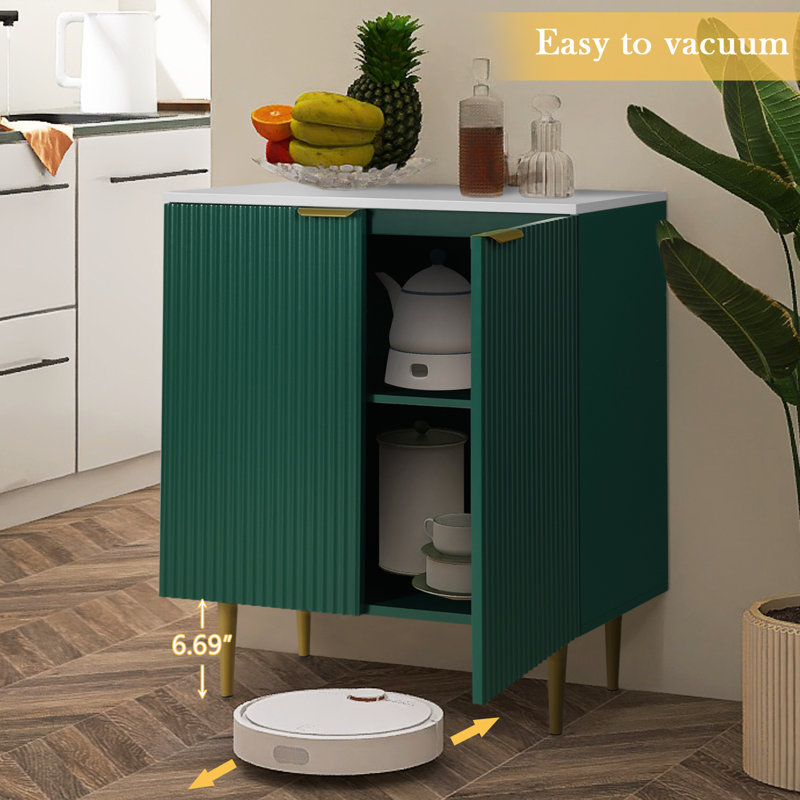 27.56" Green Sideboard with Fluted Doors, Gold Legs & Adjustable Shelf, Green