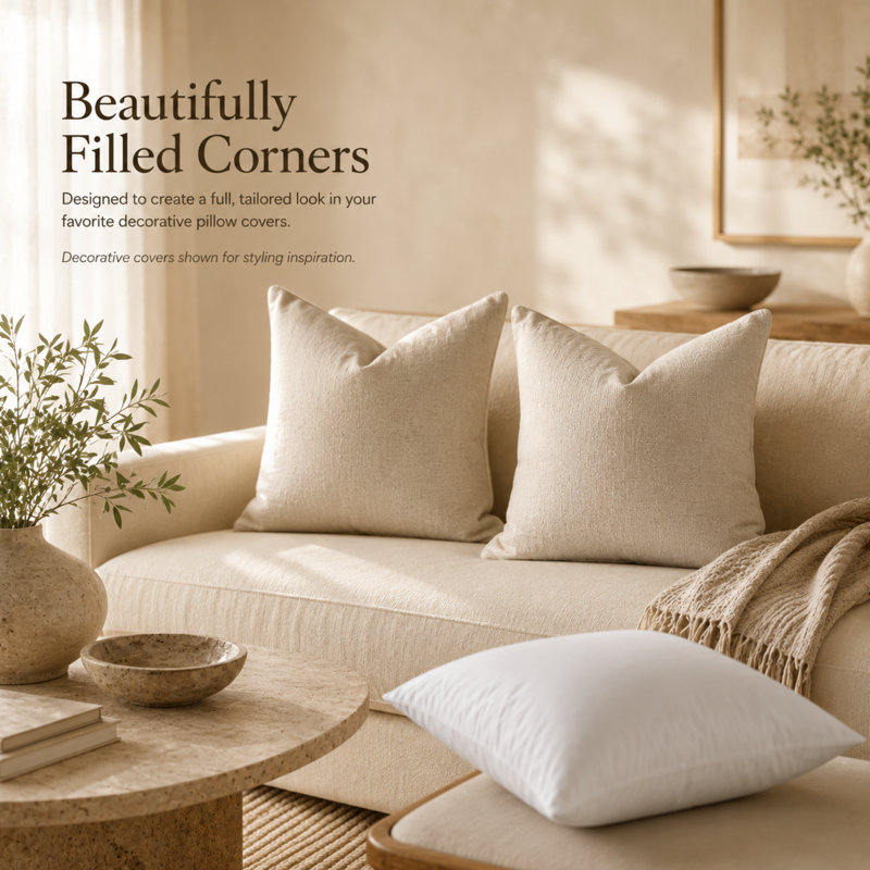 Continental Bedding Square White Throw Pillow Insert 1 Pack - 100% Cotton Cover, Microfiber Down Alternative Fill, Multiple Sizes