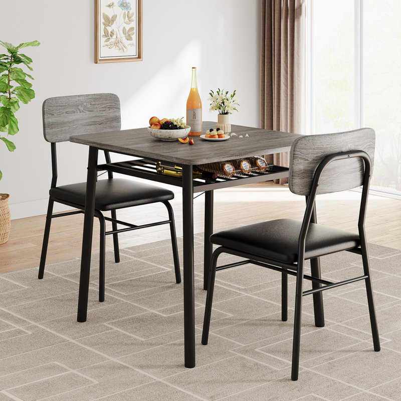 Ensemble de table de salle à manger 3 pièces pour 2 personnes, petite table de cuisine carrée avec 2 chaises rembourrées, support de rangement intégré et structure en métal, coin-repas compact, gris moderne