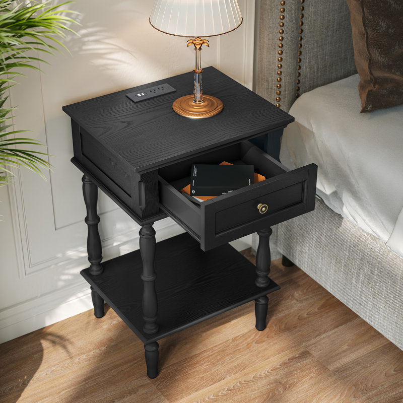Table de bout à 1 tiroir de 25 po de hauteur avec prises de charge intégrées (ensemble de 2), assemblage minimal requis, Noir