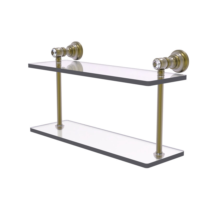 Freyja 2 Piece Glass Tiered Shelf with Towel Bar, 5.6" H x 16" W x 9.2" D, Antique Brass