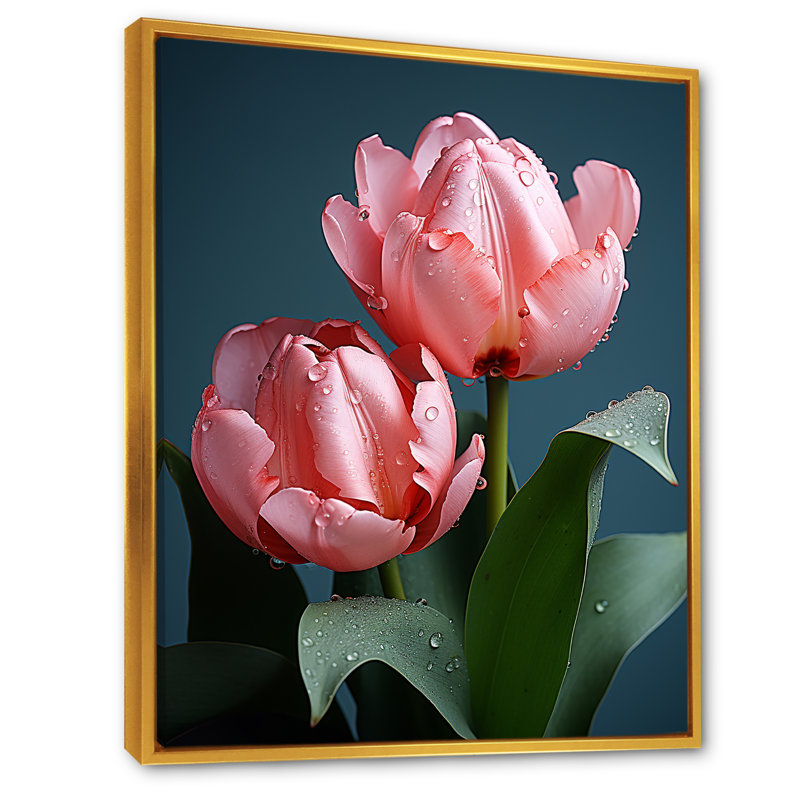 «Minimalims Pink Tulip Blooms», Cadre flottant doré, H 40 po x l 30 po x P 1,5 po