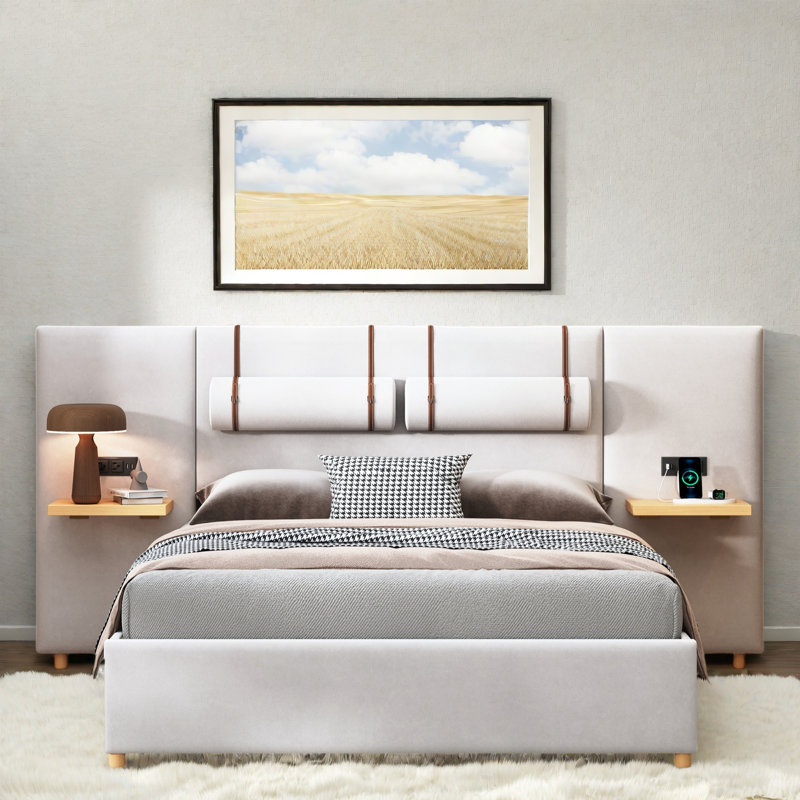Upholstered Platform Bed With Two Bedside Pillows, Storage Shelves, Two Outlets And USB, Queen, Beige