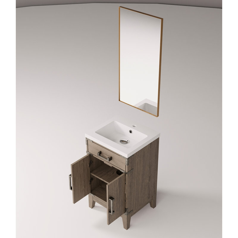 20 po De salle de bain en chêne gris avec comptoir en acrylique à la main et miroir