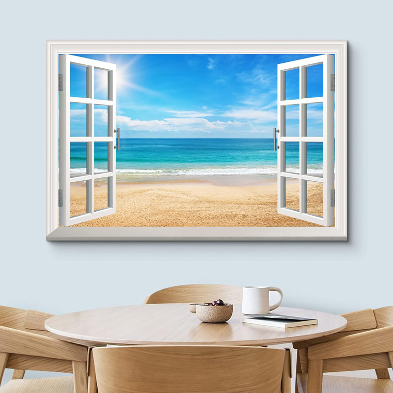 Fenêtre, paysage, plage, vue sur une journée ensoleillée - impression sur toile tendue, H 12 po x l 18 po