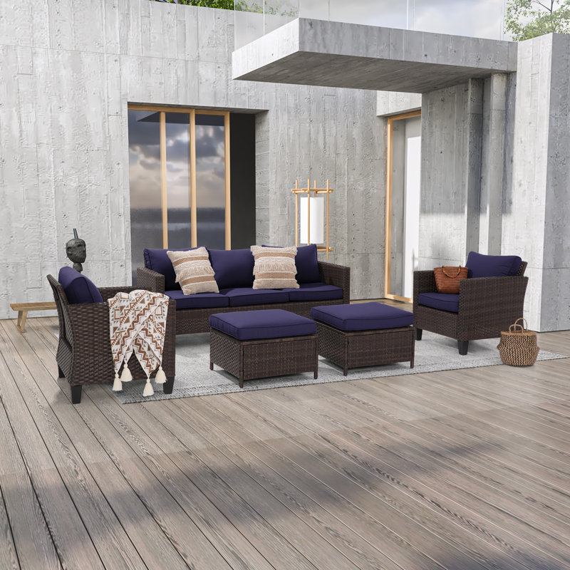 5 - Person Patio Conversation Set with Cushions, Brown, Navy