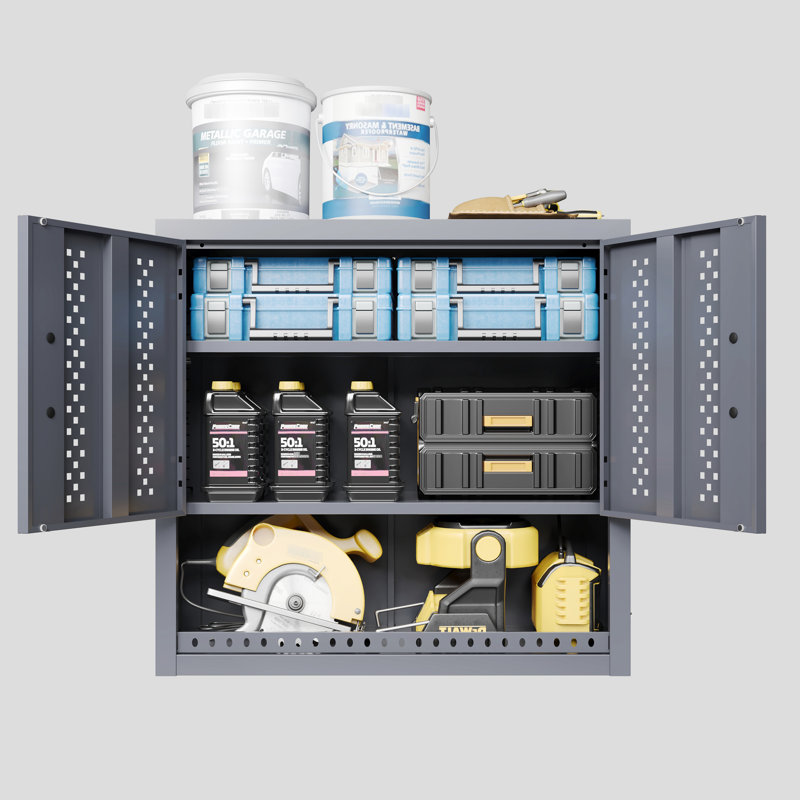 Armoire de rangement murale grise de 31,21 po de hauteur avec porte, armoire à outils flottante, tablettes amovibles, mouvement de charnière précis en acier pour cuisines, sous-sols, entrepôts, assemblage rapide,