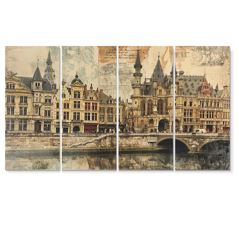 Ensemble d'art mural de la ville médiévale de Gand, Illustration rétro I, 4 pièces, H 32 po x l 64 po