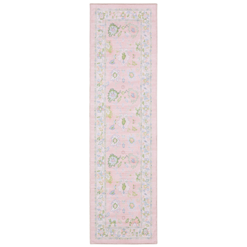 Kugler Traditional Bordered Floral Pink/ Green Printed Washable Flat Pile Area Rug, Runner 2' x 7'