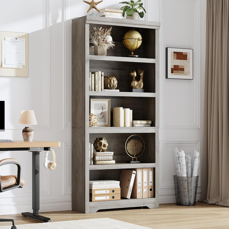 69"5-Tier Farmhouse Bookcase with Adjustable Shelves, Open Display Storage Bookshelf for Home Office, Living Room, Study or Balcony