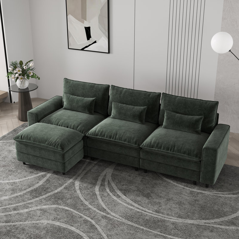 Canapé à assise profonde en chenille 3 places avec repose-pieds et coussins lombaires - Confort texturé doux avec polyvalence moderne