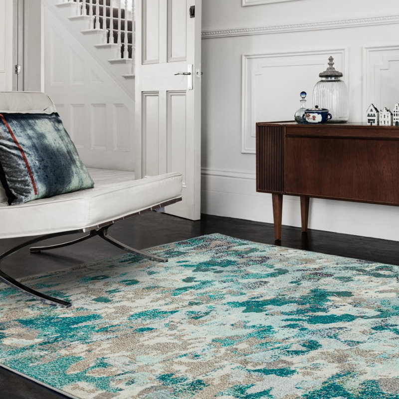 Aqua Modern Easy To Clean Abstract Geometric Rug For Dining Room, Chenille/Cotton, Rectangle 120 x 170cm