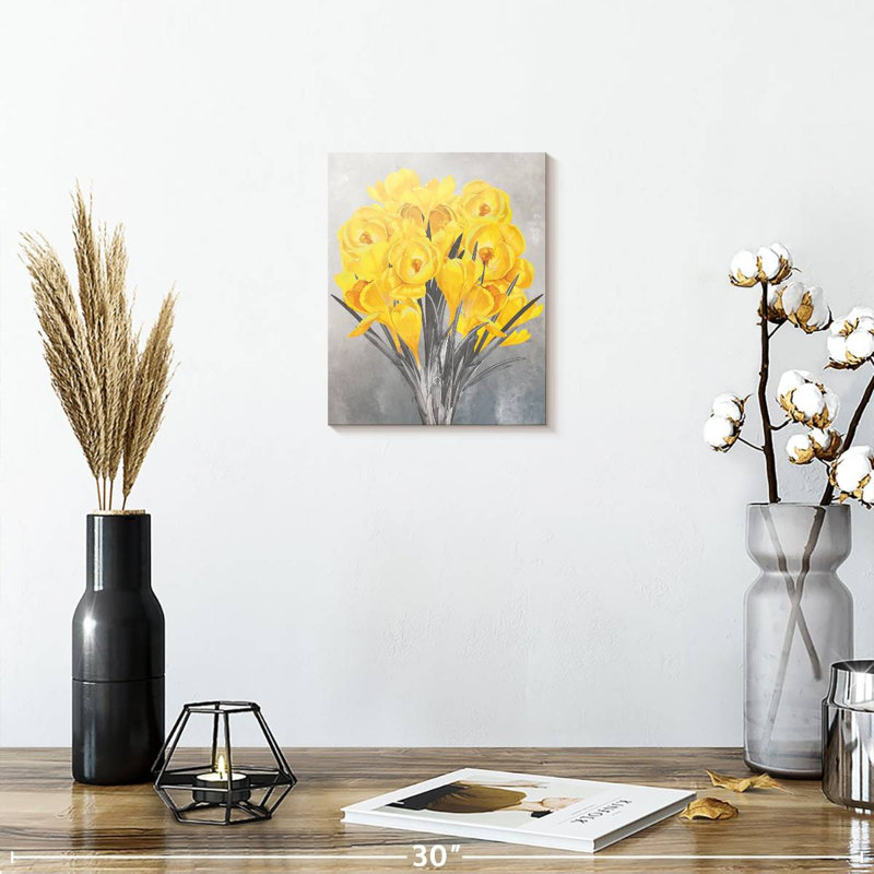 Motif floral jaune sur toile, H 10 po x l 8 po x P 1 po