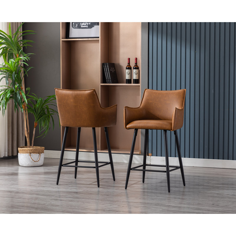 Brown Leather Upholstered Counter Stools with Metal Frame, Set of 2