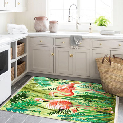 Tapis décoratif moderne à motif tropical de flamants roses et de plantes de la collection Barcelona