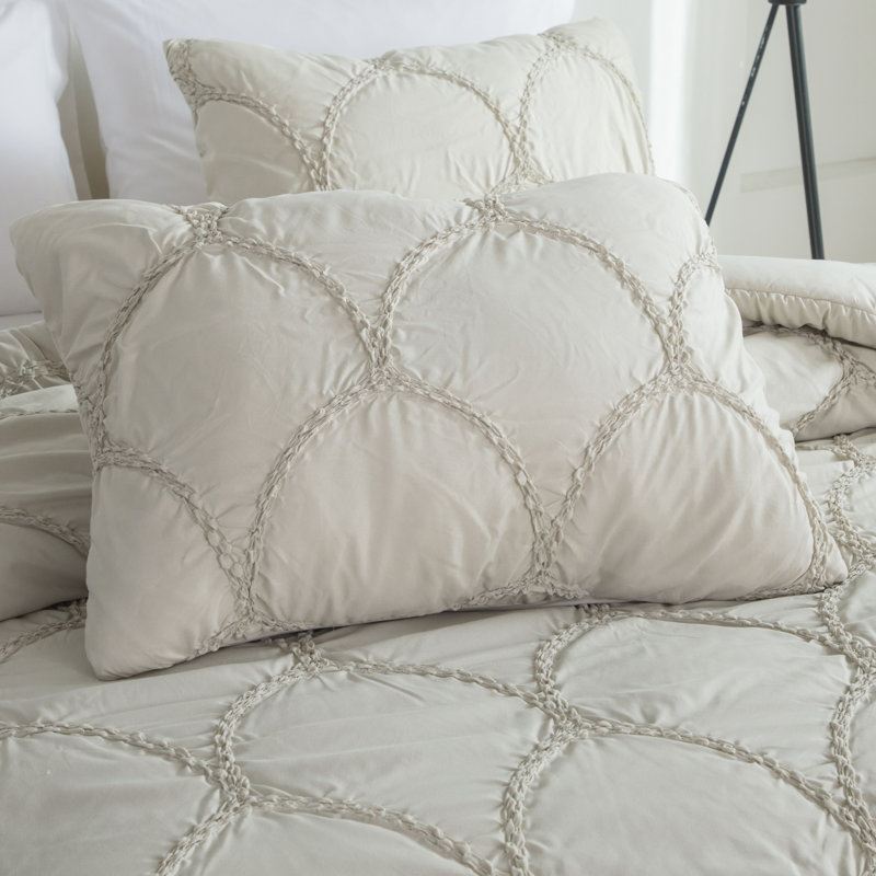 Scallop Embroidered Microfiber Comforter Set, Elastic Quilting, Oversized & Ultra-Soft, Taupe, Queen 3pcs Set, Taupe