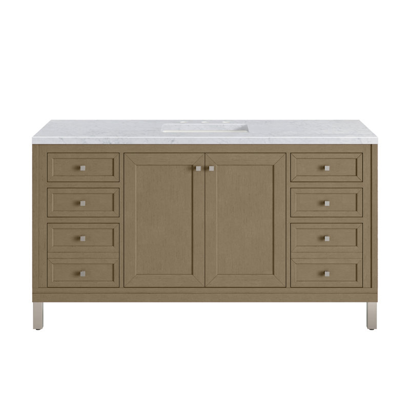 Chicago 60'' W Double Vanity, Walnut Whisper, Carrara White, 8" Widespread