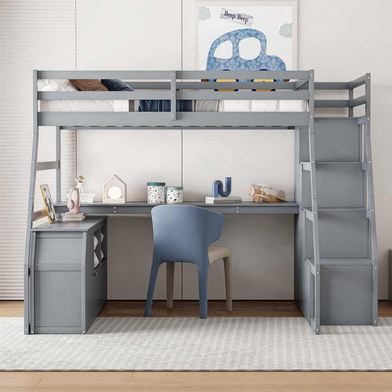Lit mezzanine en bois avec 7 tiroirs, 2 tablettes et bureau, Full, Grey