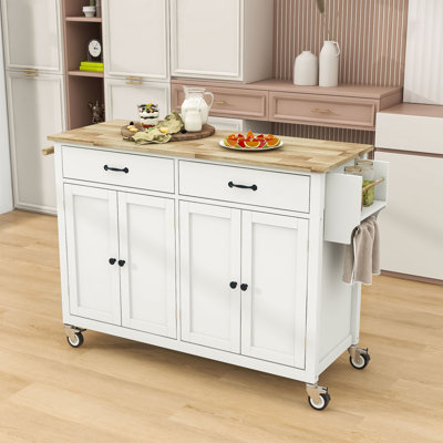 Chariot de cuisine de 54,3 po de largeur avec plateau en bois massif Adalid