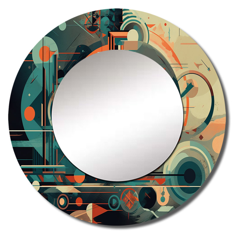 Quantum orange et bleu abstrait Nostalgia I - miroir décoratif moderne de style Mid-Century, miroir mural rond moderne, impression d'art en métal