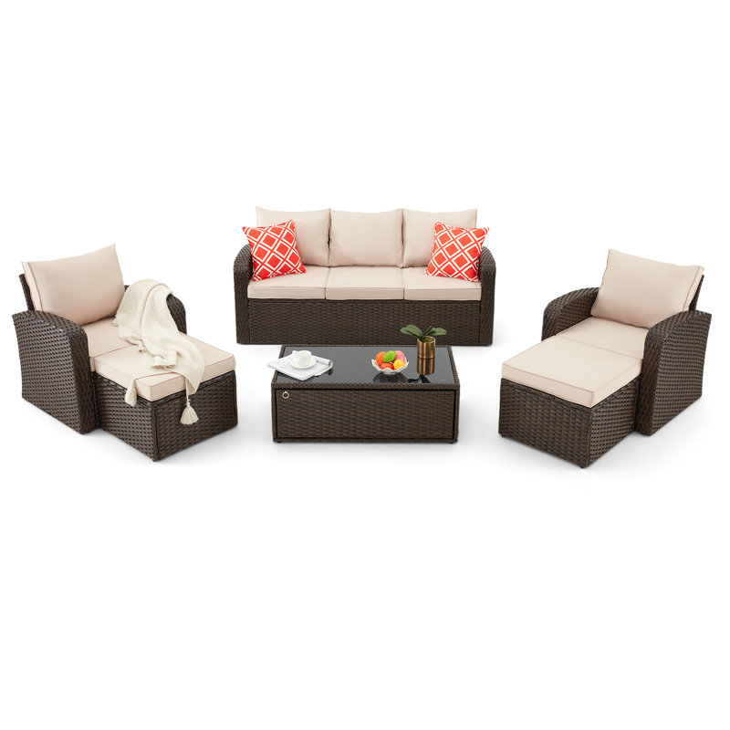 Ensemble de sièges de 6 pièces avec coussins, Coussin kaki / structure brune