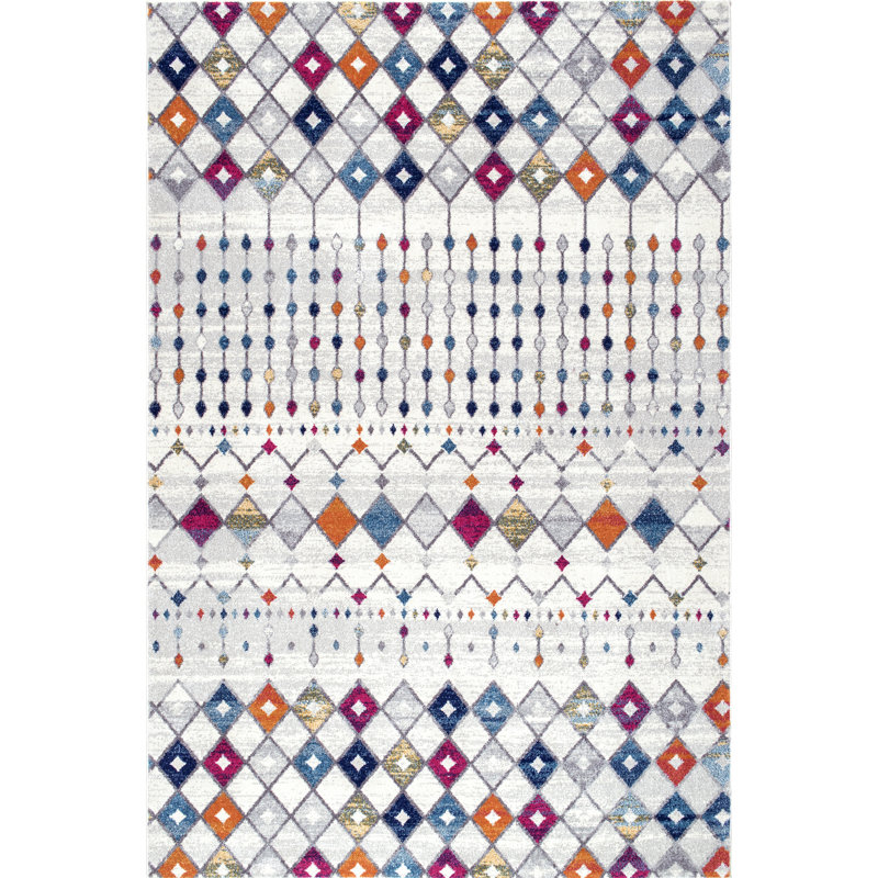 Clair Moroccan Power Loom Performance Ivory, Beige, Gray, Blue, Orange, and Magenta Rug, Rectangle 4' x 6'