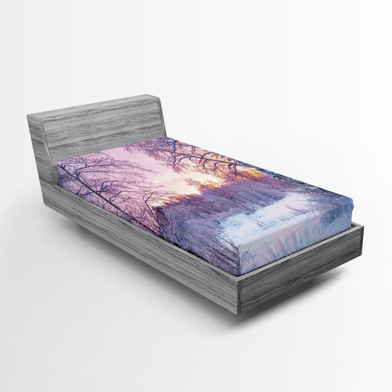 Ensemble de 2 draps-housse Ambesonne Landscape Braches Snowy Sunset Lavender Lilac White, Drap-housse de taille simple