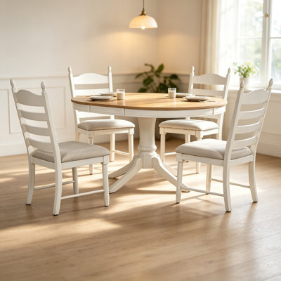 5-Piece Retro Functional Dining Table Set Wood Round Extendable Dining Table and 4 Upholstered Dining Chairs