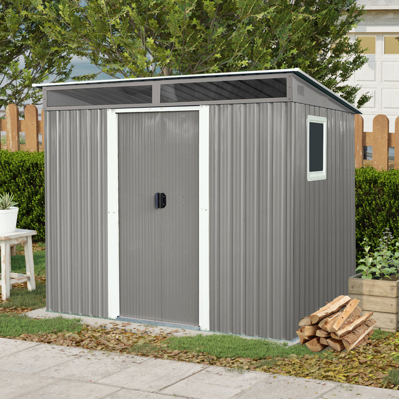Gray 8'x6' Metal Outdoor Storage Shed with Windows and Sliding Door