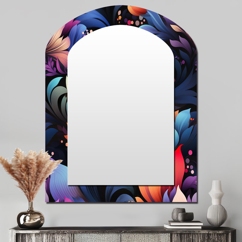Multicolor Futurist Damask Nexus - Floral Asymmetrical Mirror, Pink Arch Decorative Wall Mirror, Printed Metal Art, 43" x 33"