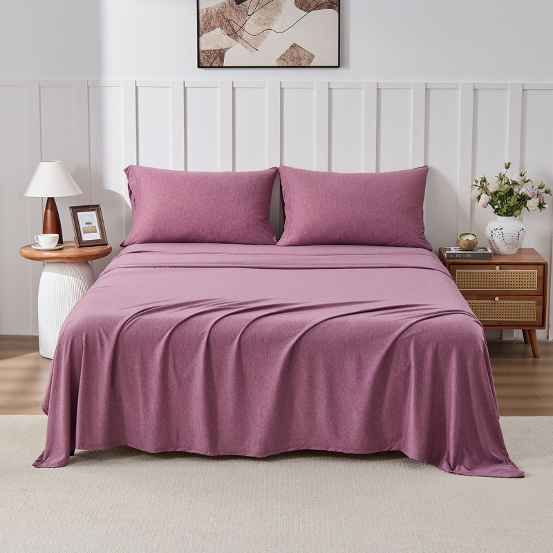 Ensemble de draps 4 pièces en jersey de coton chiné Kathy Ireland, Lit double, Rose