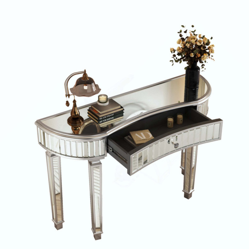 Half-Moon Mirrored Console Table With Fluted Glass & Crystal Knob Drawer - Silver Entryway Vanity Desk For Bedroom/Dressing Room