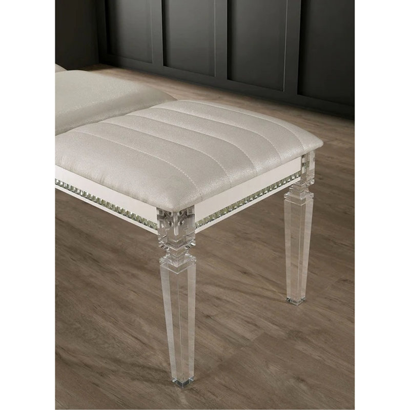Banc classique classique 1pc avec pieds en acrylique et miroir en bois massif, Blanc antique
