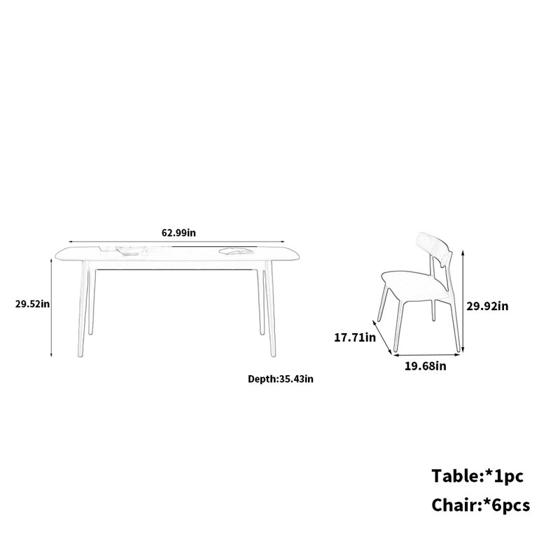 Contemporary Oak Dining Set with Stone, 29.52"H x 62.99"L x 35.43"W