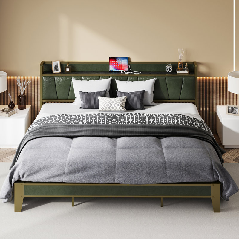 Platform Bed with PU Leather Headboard and Charging Ports, Noise-Free Design, Easy Assembly, No Box Spring Required, White
