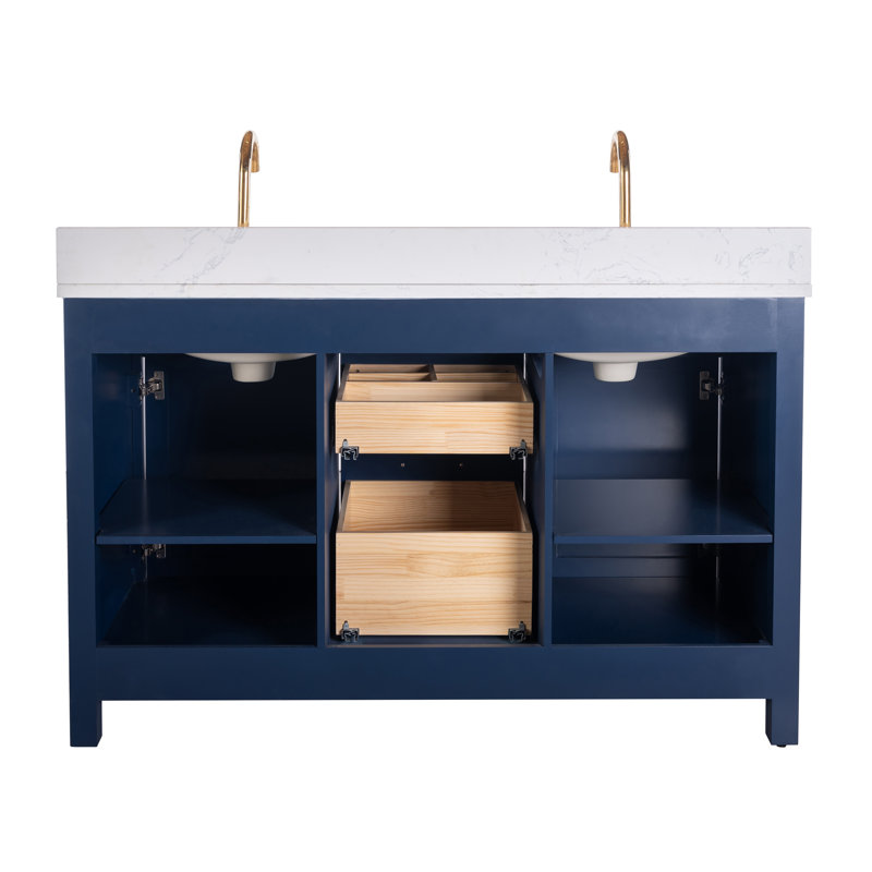 Ajhane 54" W Double Vanity Set, Navy Blue/Brushed Gold