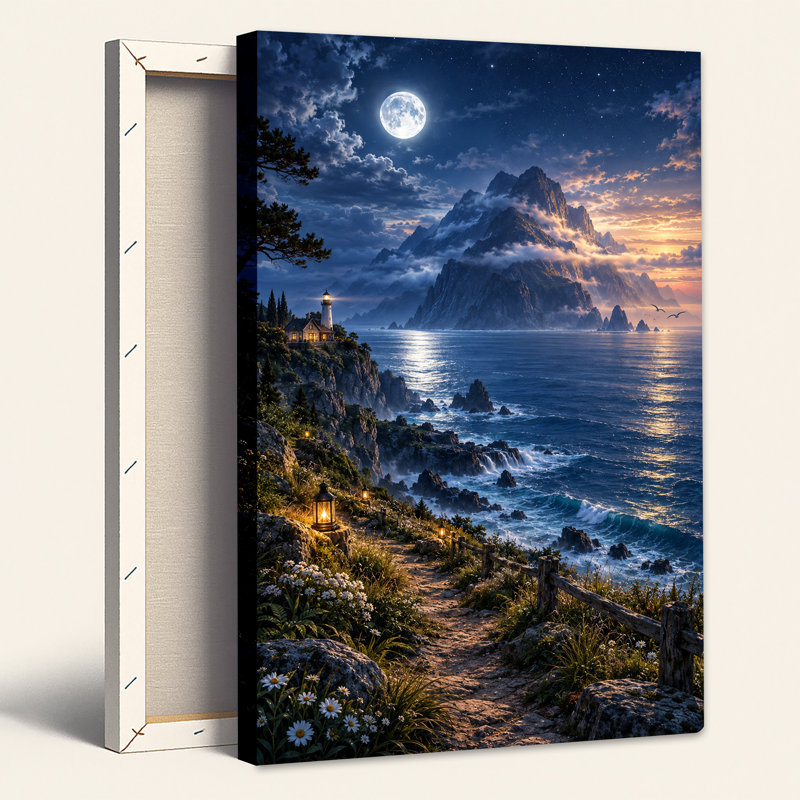«Blue Moonlit Coastal Path To Lighthouse And Mountains», art mural sur toile, H 18 po x l 12 po