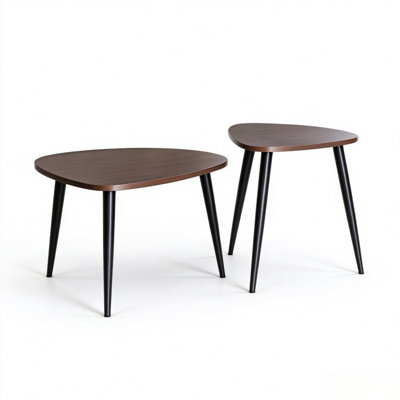 2 Piece Contemporary Nesting Tables, Natural & Black Solid Wood & Metal Space-Saving Side Table Set