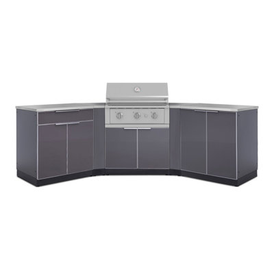 Outdoor Kitchen Aluminum Black 7 Piece Cabinet Set with 2 Door, Bar, Corner, Grill Cabinet, 33" Natural Gas Performance Grill and 32" SS Tops